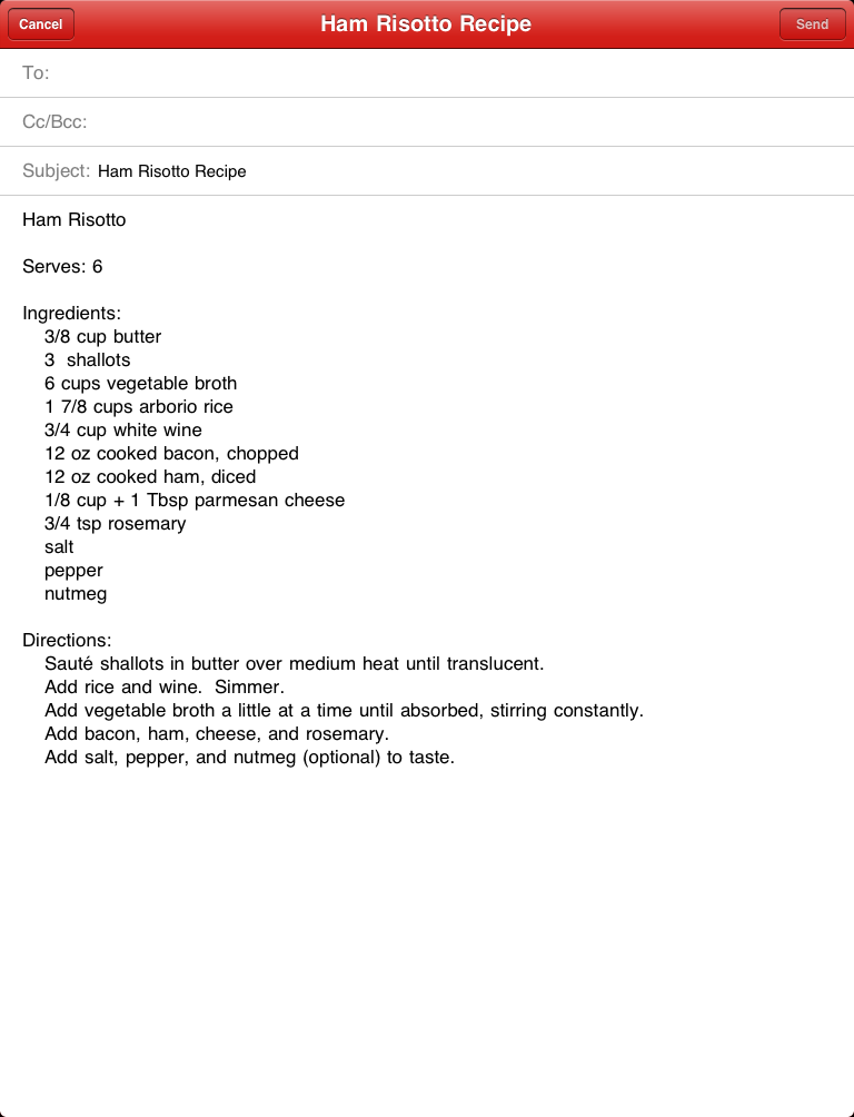 Serving Sizer email screen