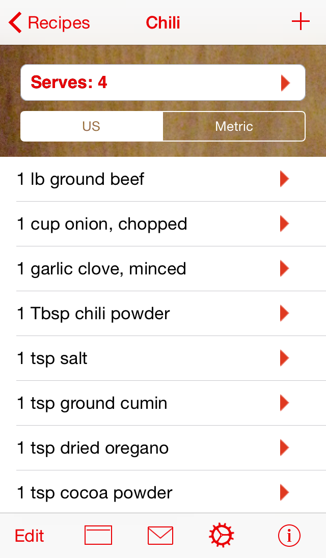 Serving                                Sizer main recipe screen