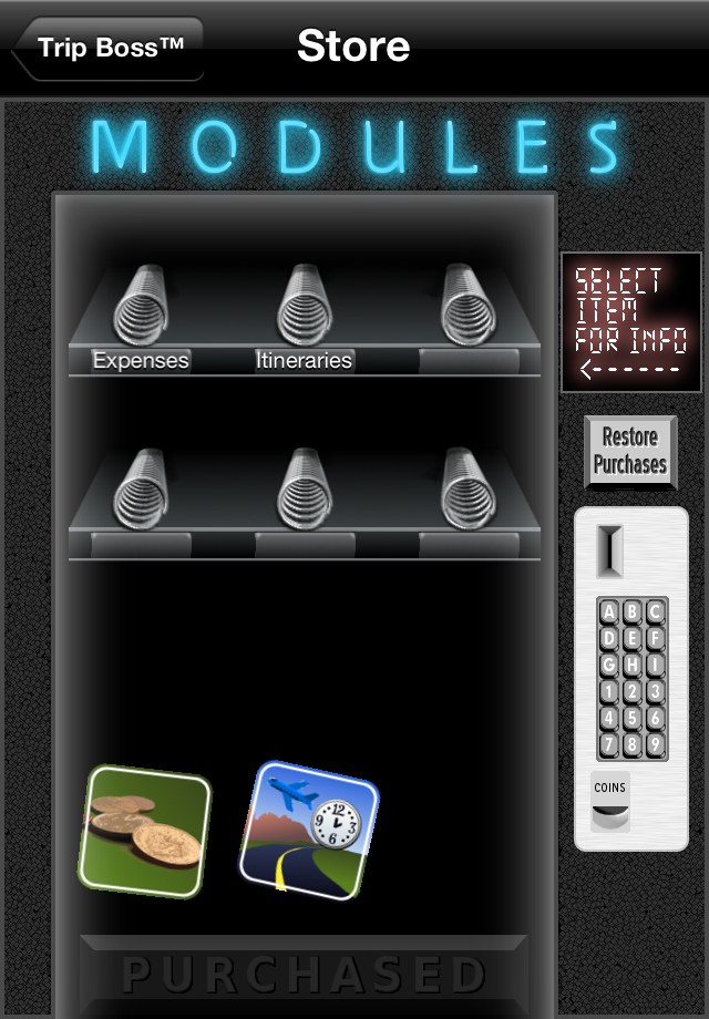 after purchasing the modules fall to the bottom of the vending machine After Purchase screen