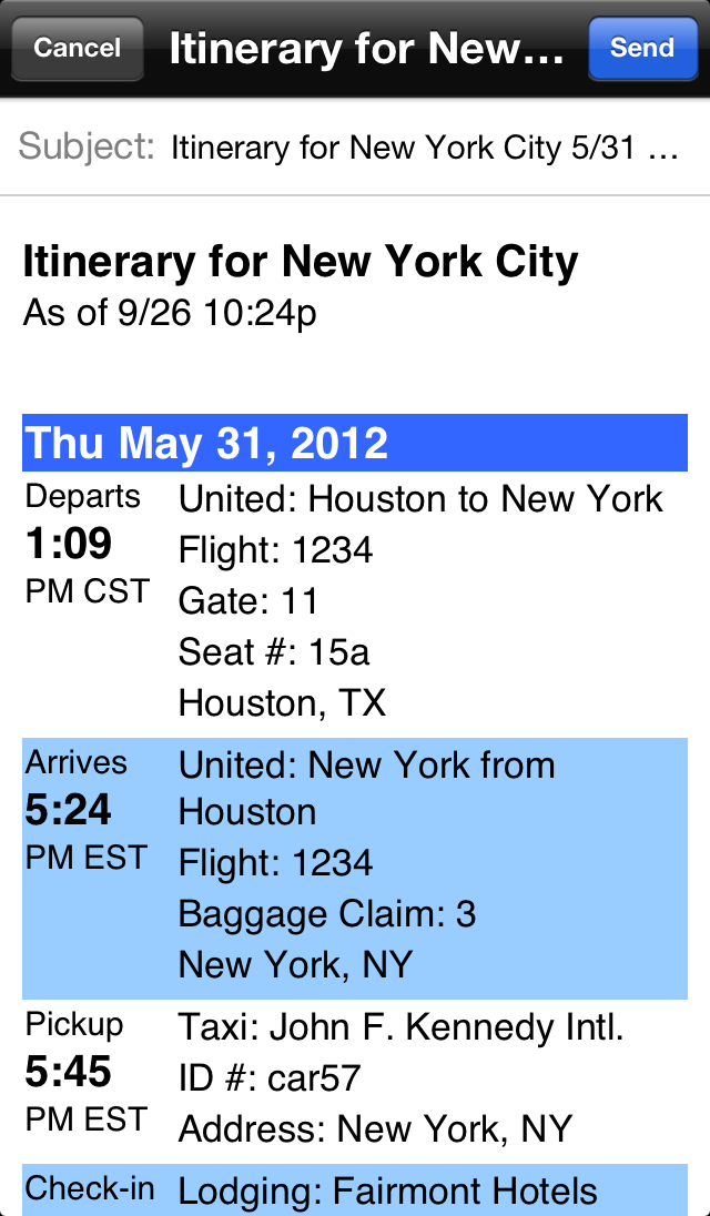 Easily email itinerary to family email to family