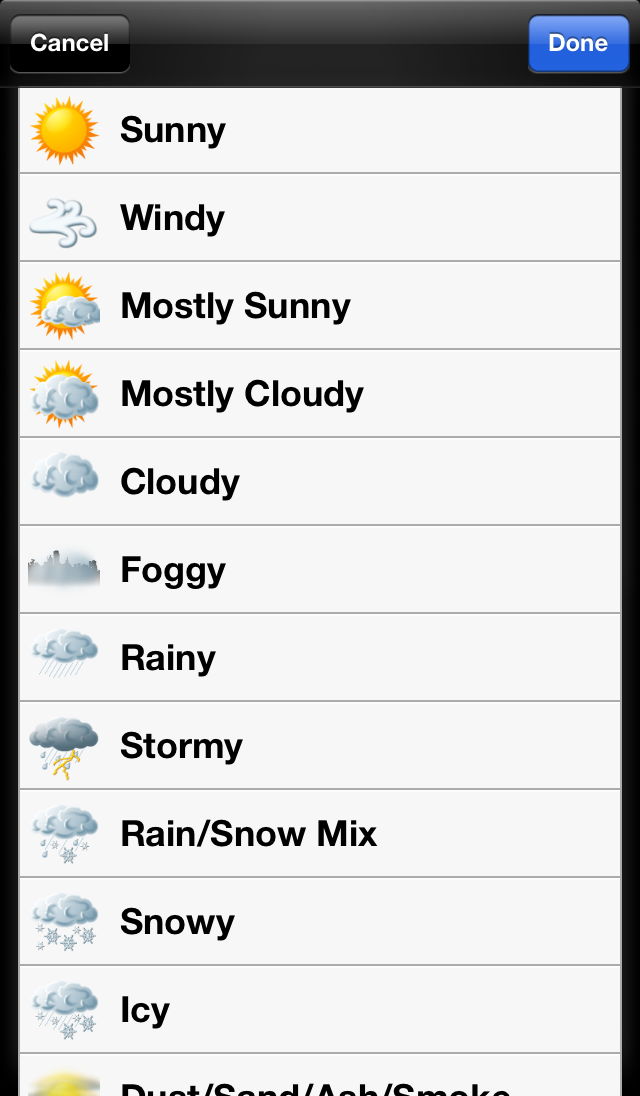 Log weather with custom icons weather choices