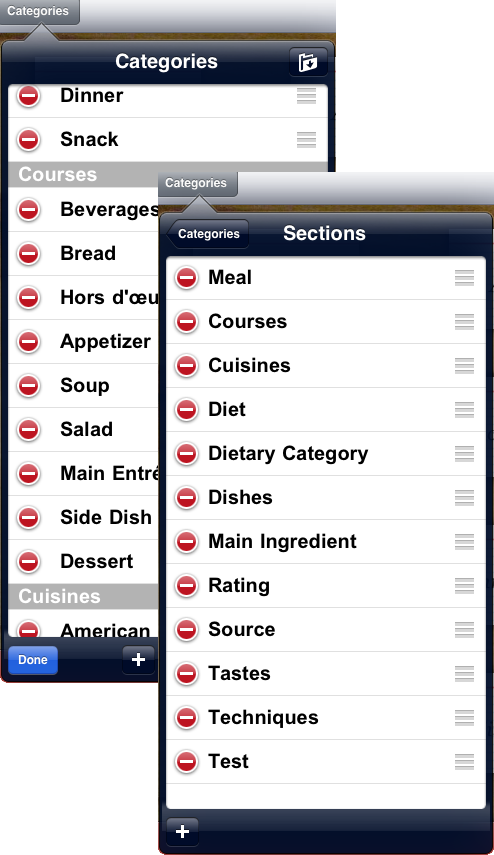 Serving Sizer recipe cards edit categories and sections