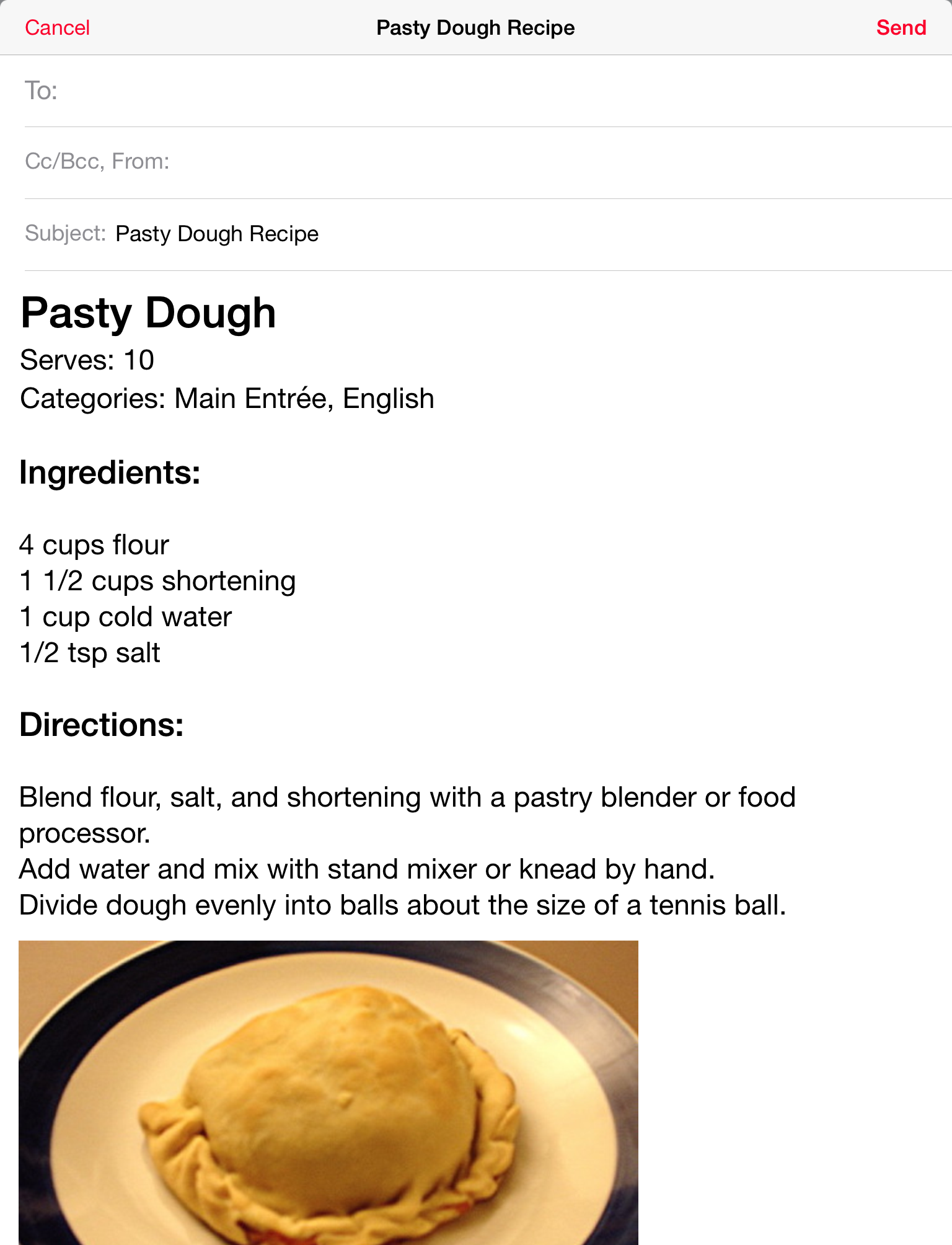 Recipe Manager with Serving Sizer email screen