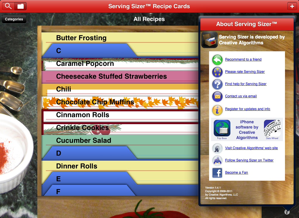 Serving Sizer recipe cards index and help