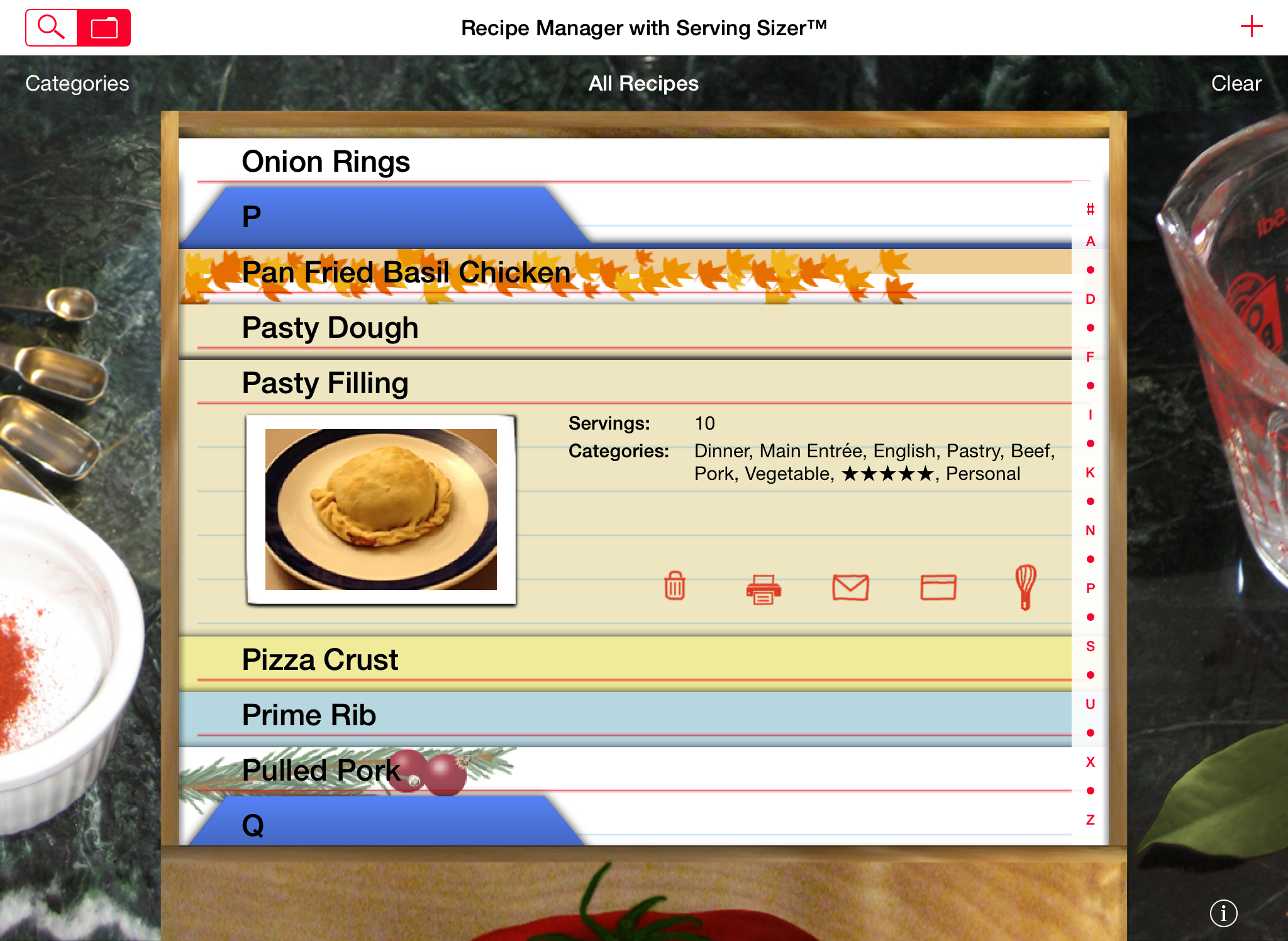 Recipe Manager with Serving Sizer search by alphabetical index