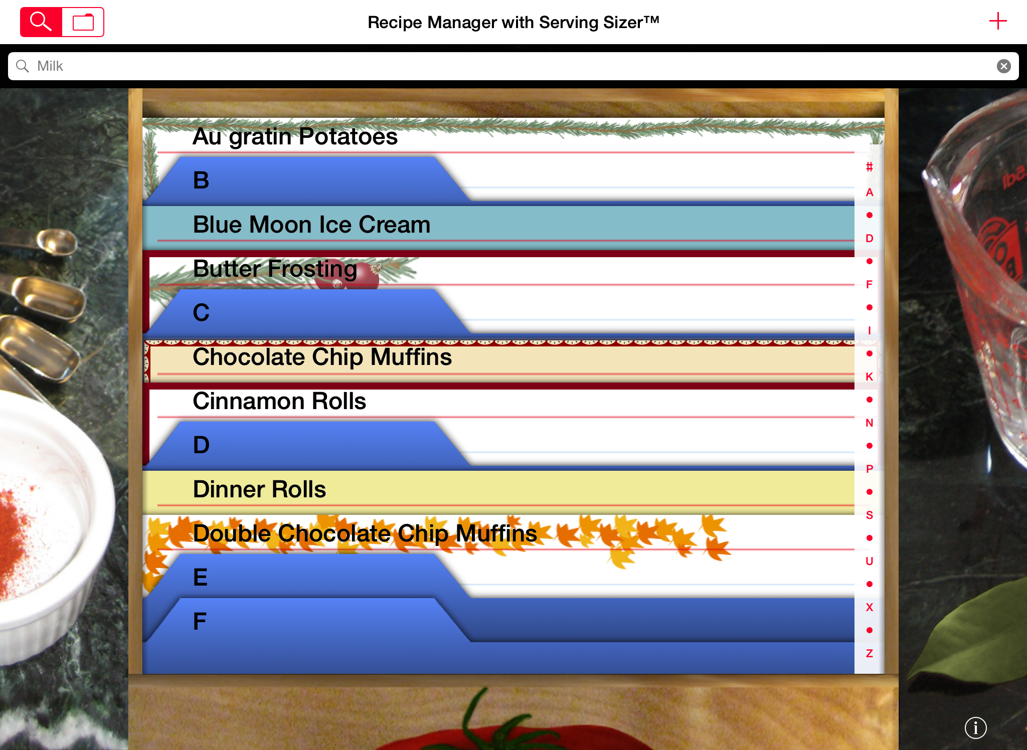 Recipe Manager with Serving Sizer search by milk